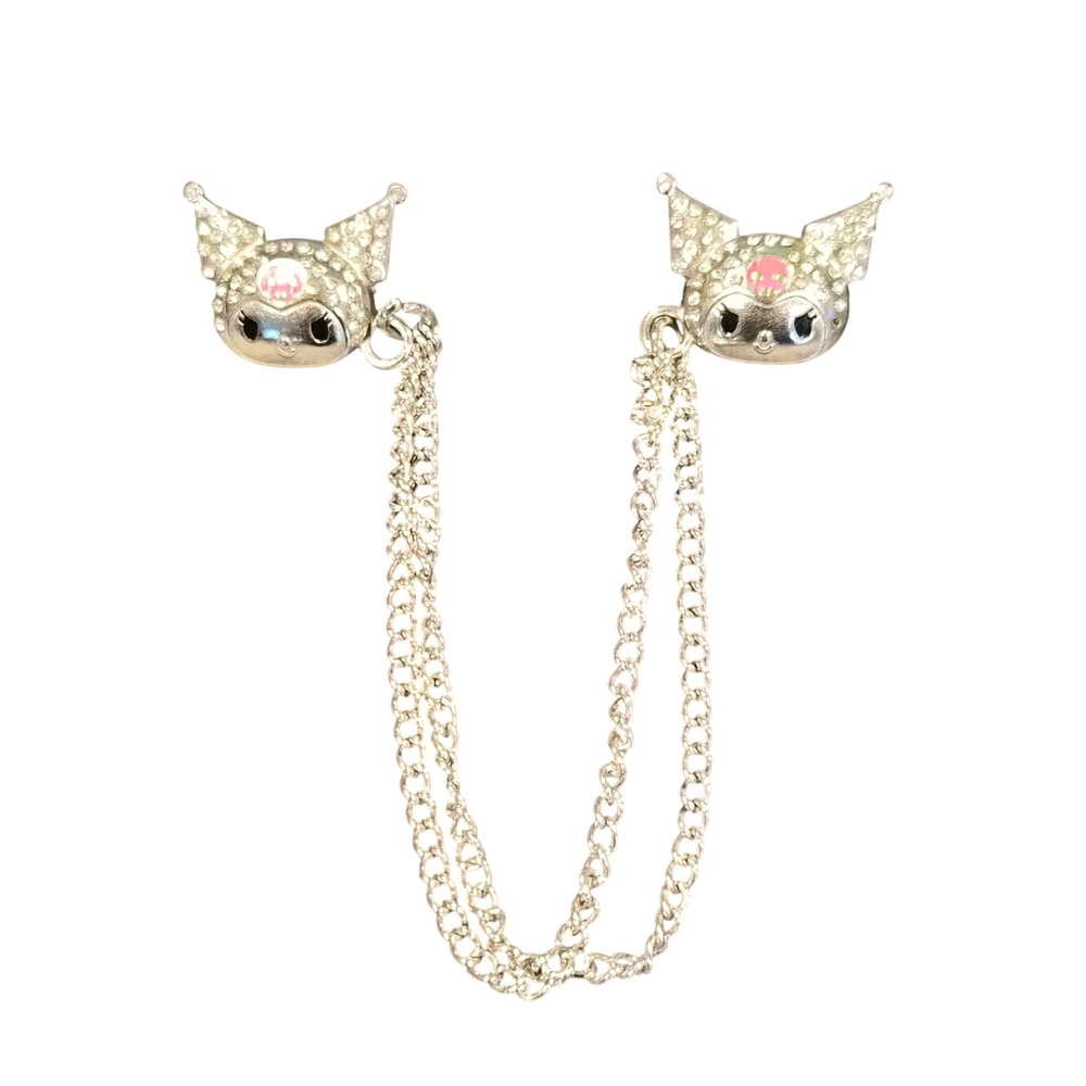 Kuromi Rhinestone Cardigan Clips Silver Tone Sanrio Collar Pins Double Chain